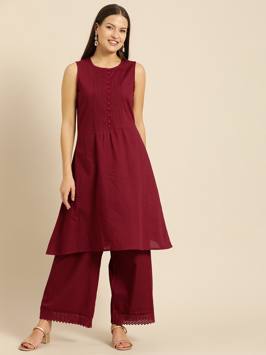 

all about you Women Maroon Self Design Pure Cotton A-Line Kurta with Palazzos