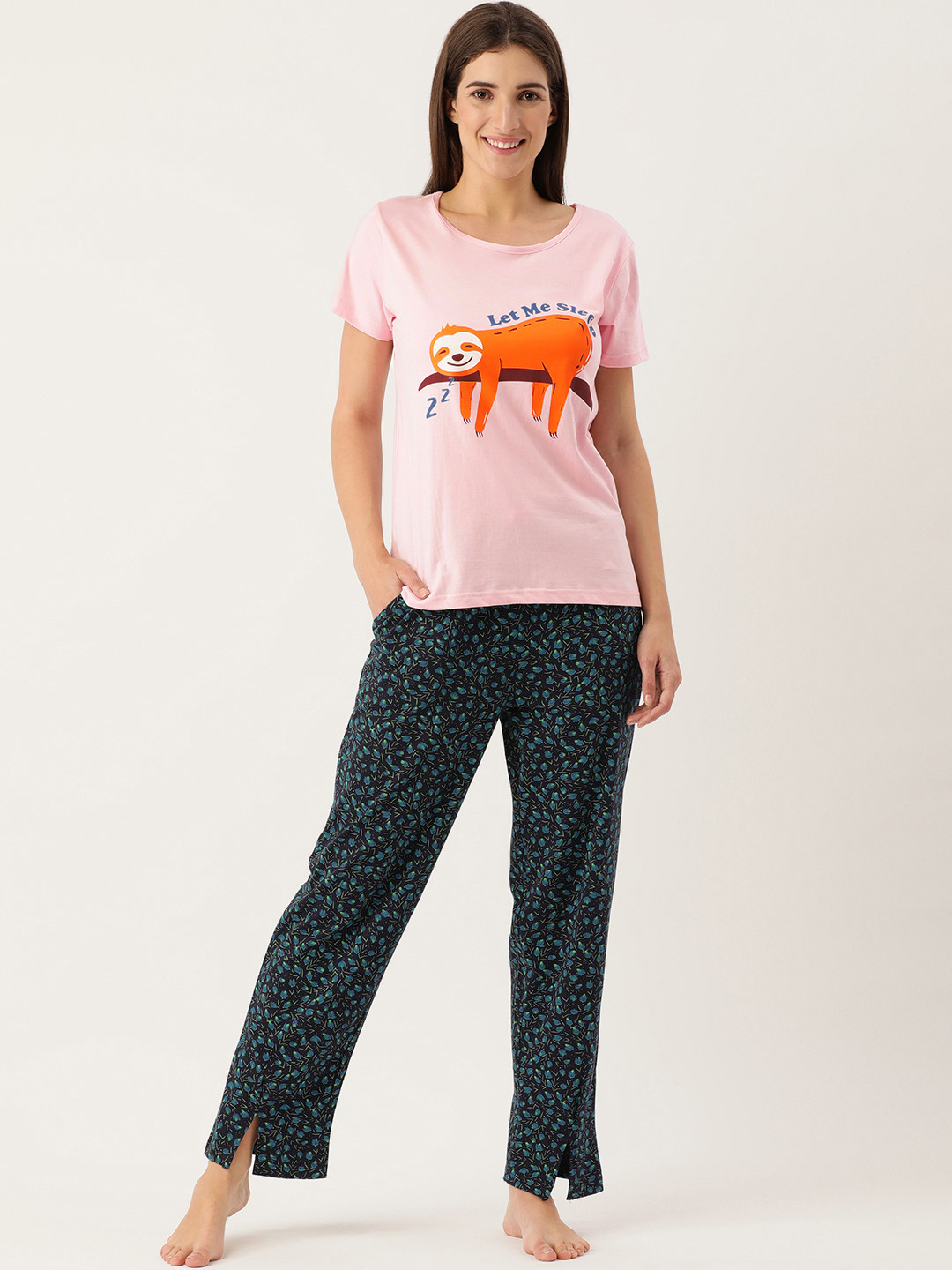 

Slumber Jill Women Pink & Navy Blue Printed Night suit