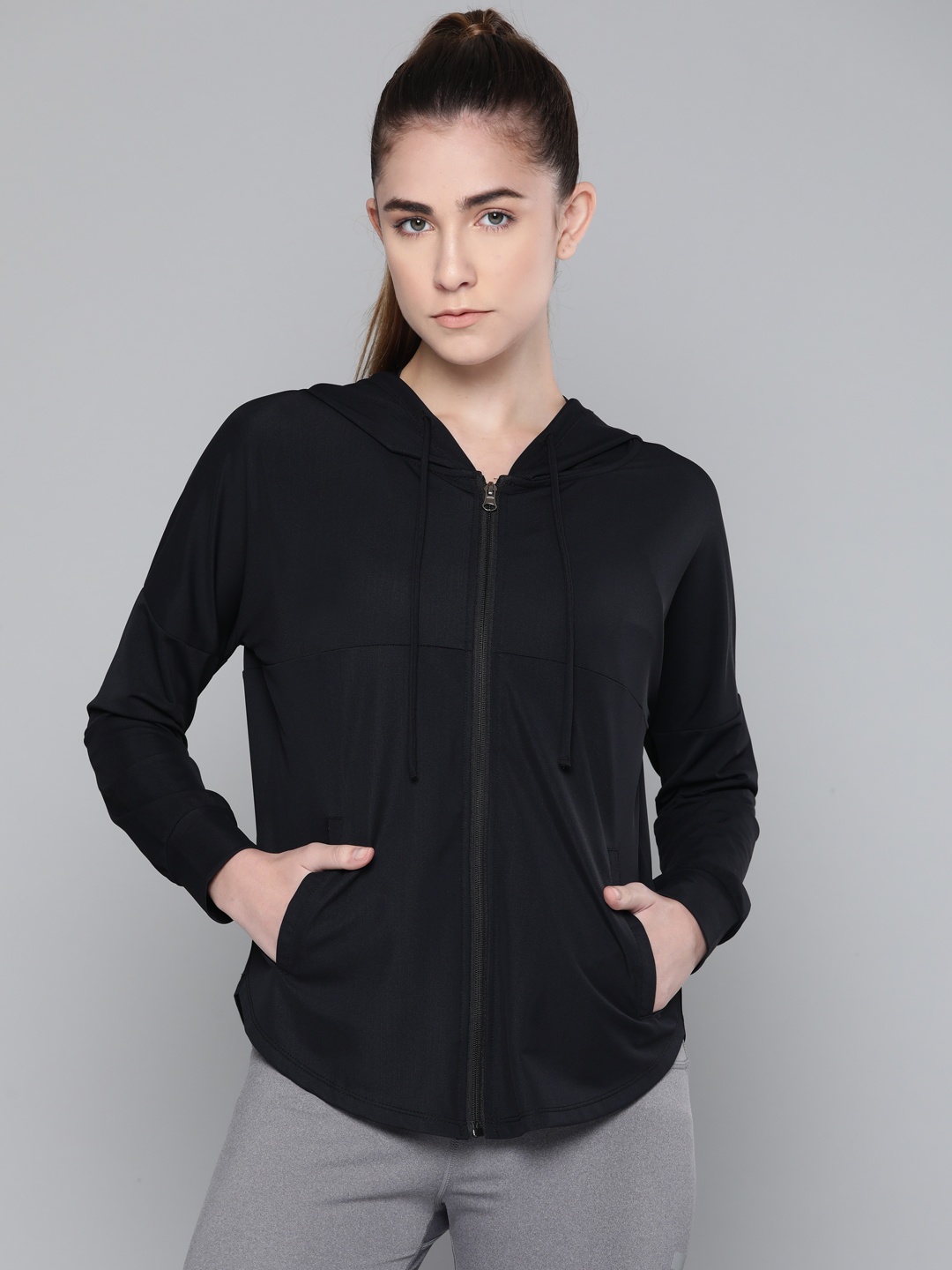 

Fitkin Women Black Solid Lightweight Hooded Training Jacket