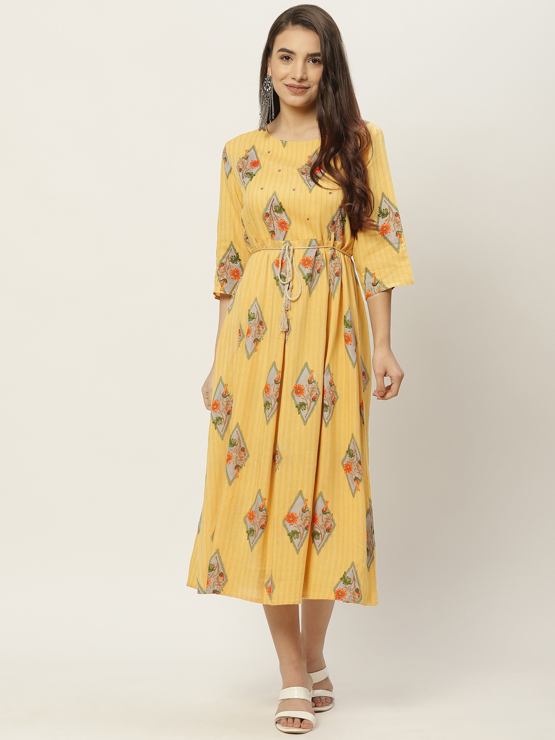 

INDYES Yellow Floral Midi Dress Beads Detail