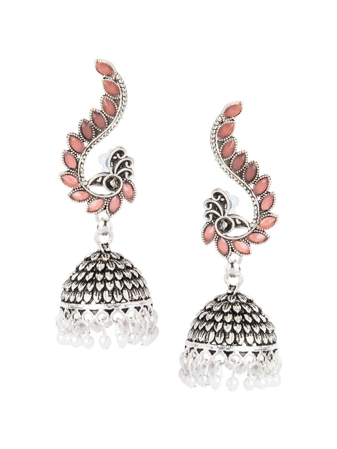 

Shining Jewel - By Shivansh Woman Silver-Toned Peacock Shaped Jhumkas Earrings