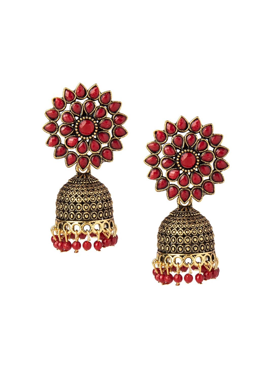 

Shining Jewel - By Shivansh Gold-Toned & Red Dome Shaped Jhumkas Earrings