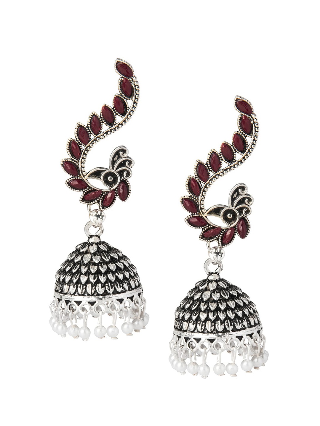 

Shining Jewel - By Shivansh Silver Plated Antique Oxidised Peacock Shaped Jhumkas Earrings