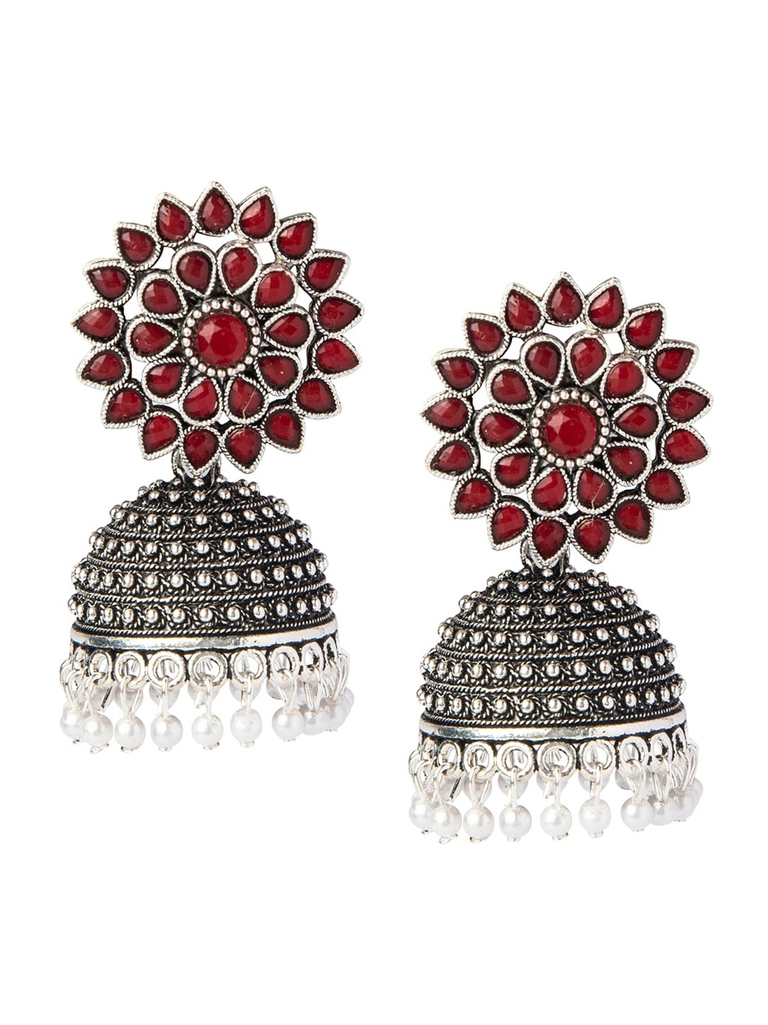 

Shining Jewel - By Shivansh Silver-Toned & Red Dome Shaped Jhumkas Earrings