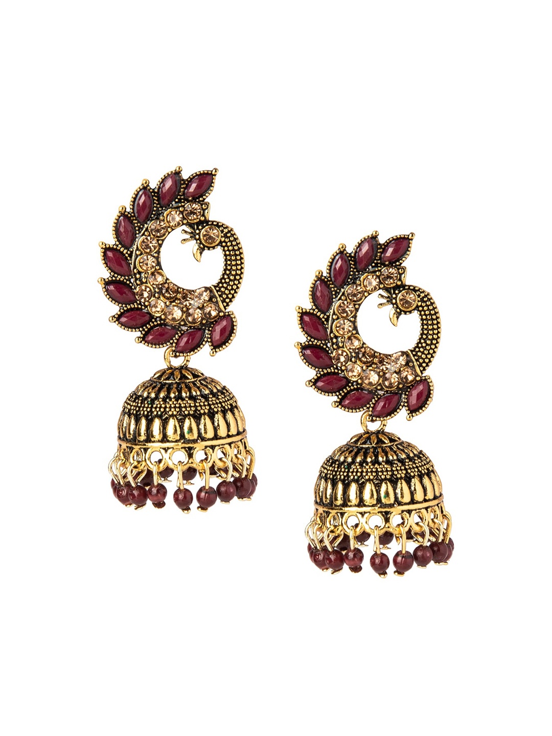 

Shining Jewel - By Shivansh Gold-Plated & Maroon Peacock Shaped Jhumkas