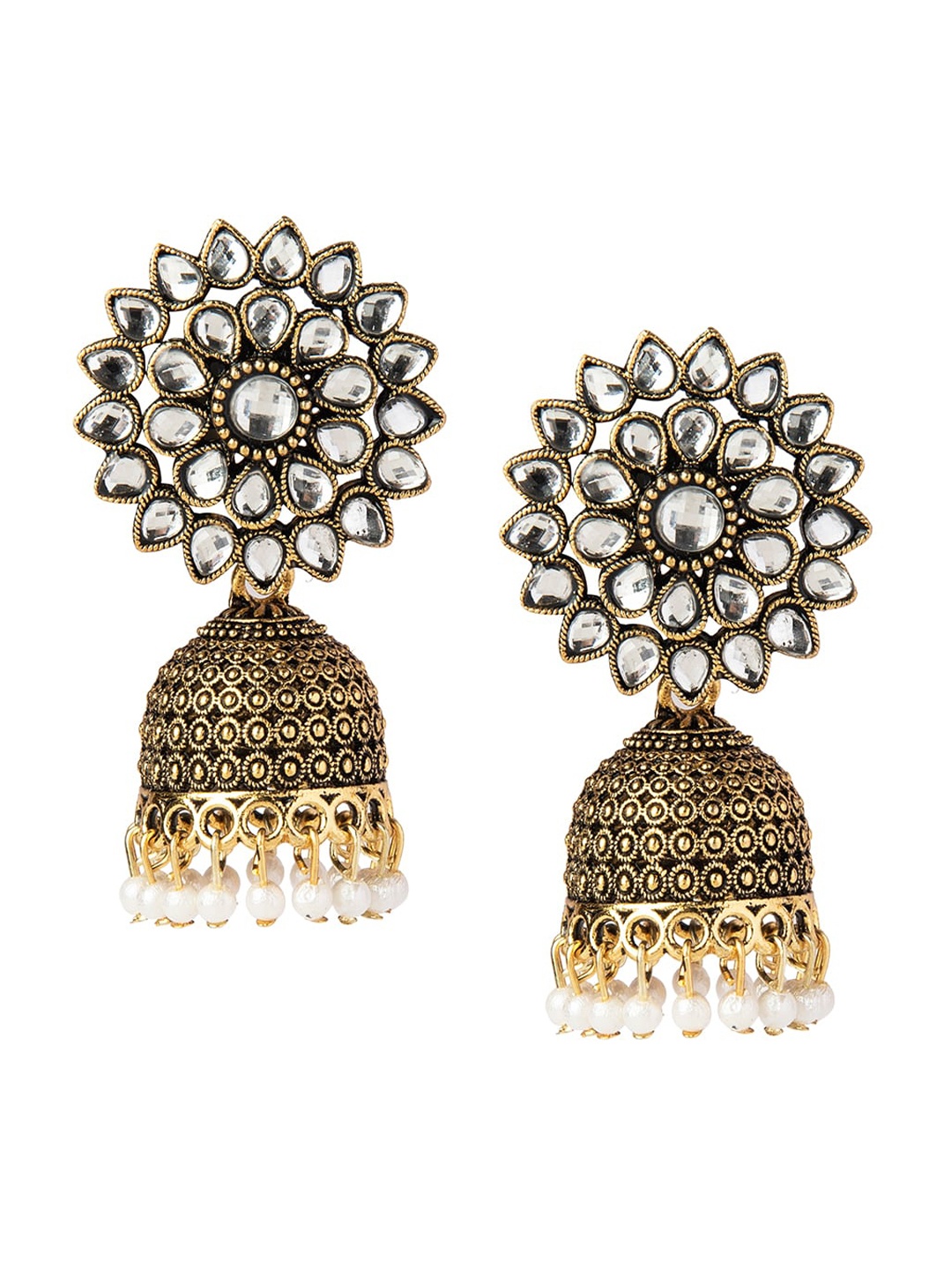 

Shining Jewel - By Shivansh Gold-Plated & White CZ & Pearls Jhumkas Earrings