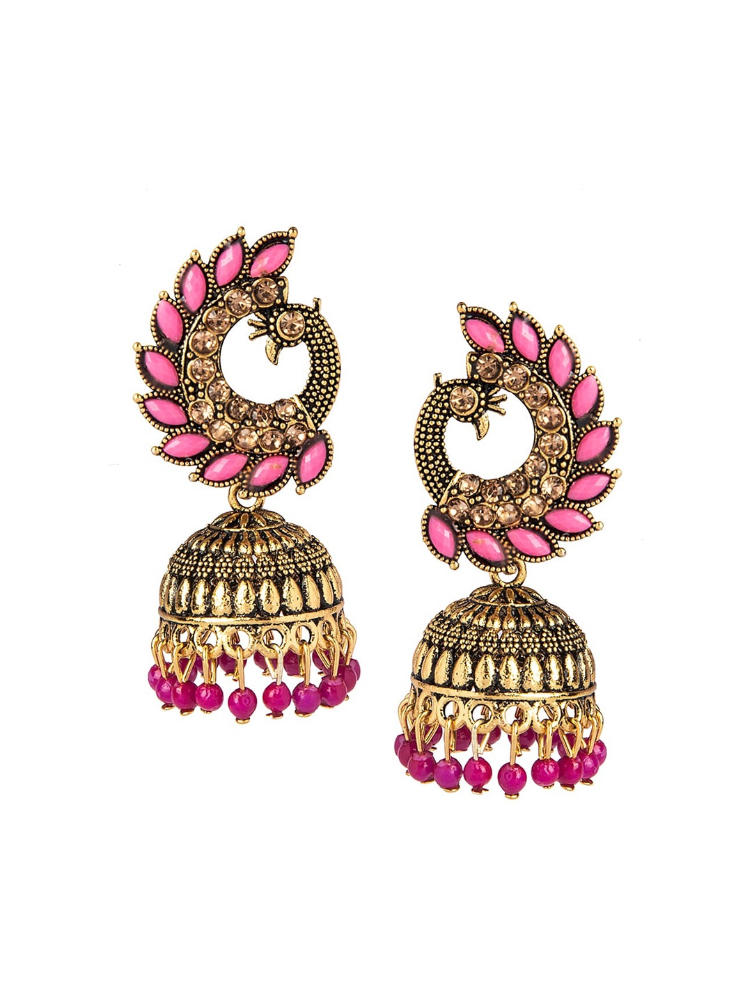 

Shining Jewel - By Shivansh Gold-Toned & Pink Peacock Shaped Jhumkas Earrings