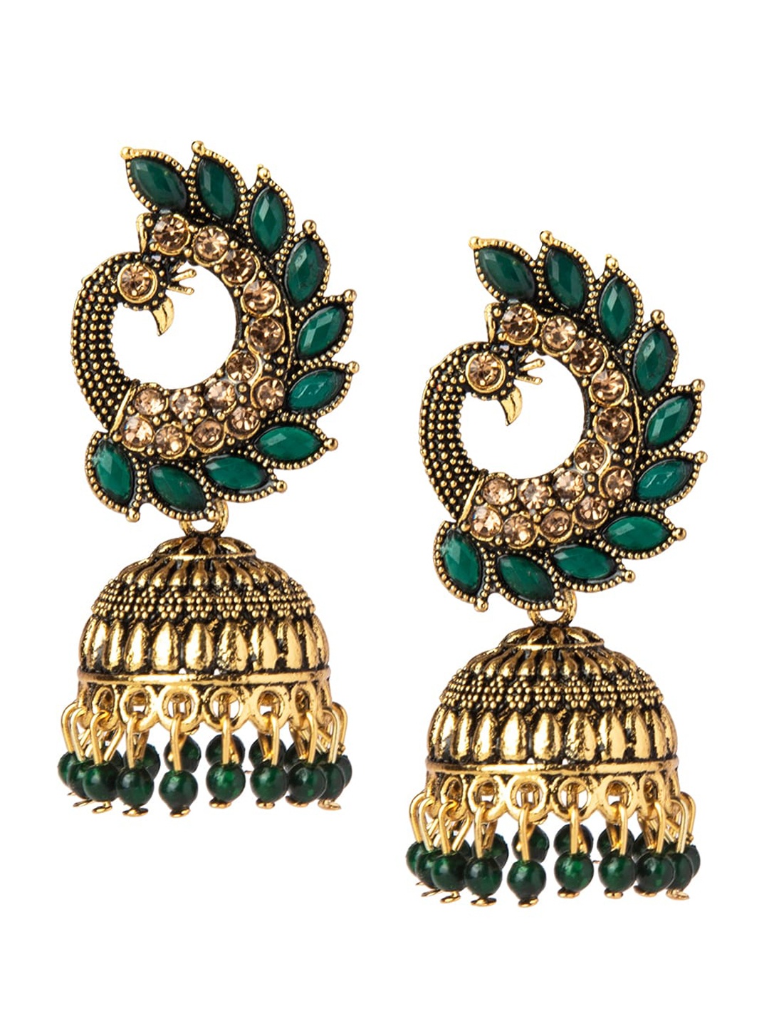 

Shining Jewel - By Shivansh Green & Gold-Plated Peacock Shaped Jhumkas Earrings