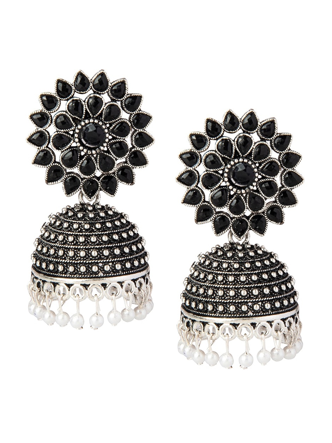 

Shining Jewel - By Shivansh Black & Silver-Plated Antique Oxidised Jhumkas Earrings