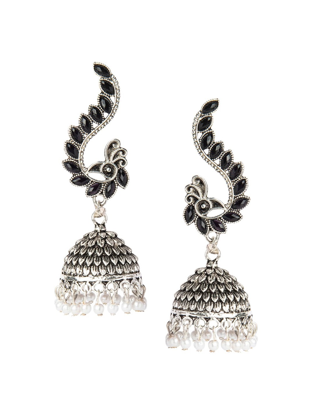 

Shining Jewel - By Shivansh Silver-Toned & Black Peacock Shaped Jhumkas Earrings