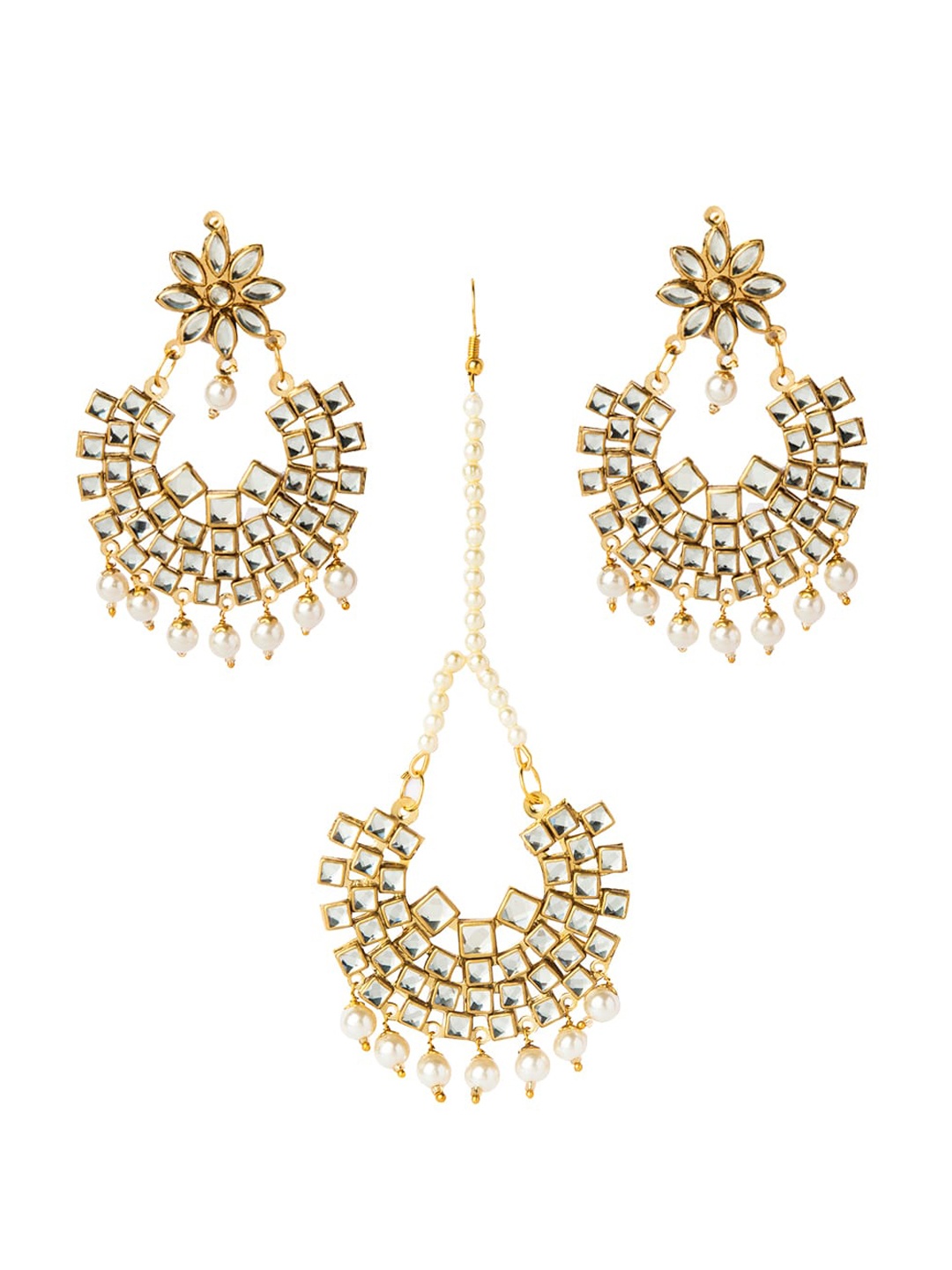 

Shining Jewel - By Shivansh Gold-Plated & White Crescent Shaped Chandbalis & Maang Tikka
