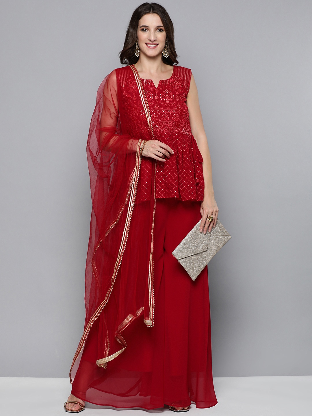 

Kvsfab Women Red Embroidered Pleated Kurta with Palazzos & Dupatta