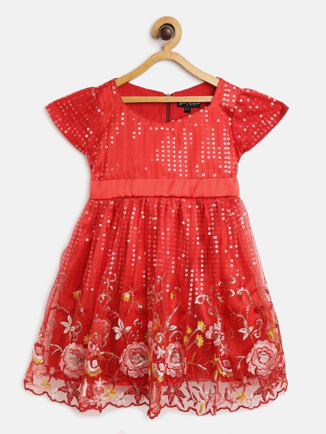 

Bella Moda Red & Pink Floral Embroidered Sequined A-Line Dress