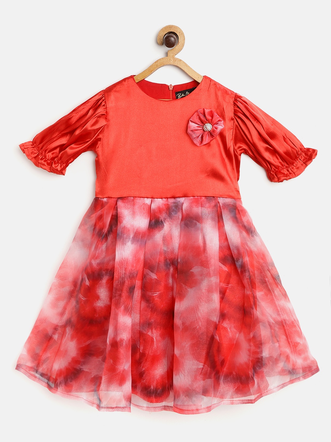 

Bella Moda Red & White Floral Print Puff Sleeves Dress