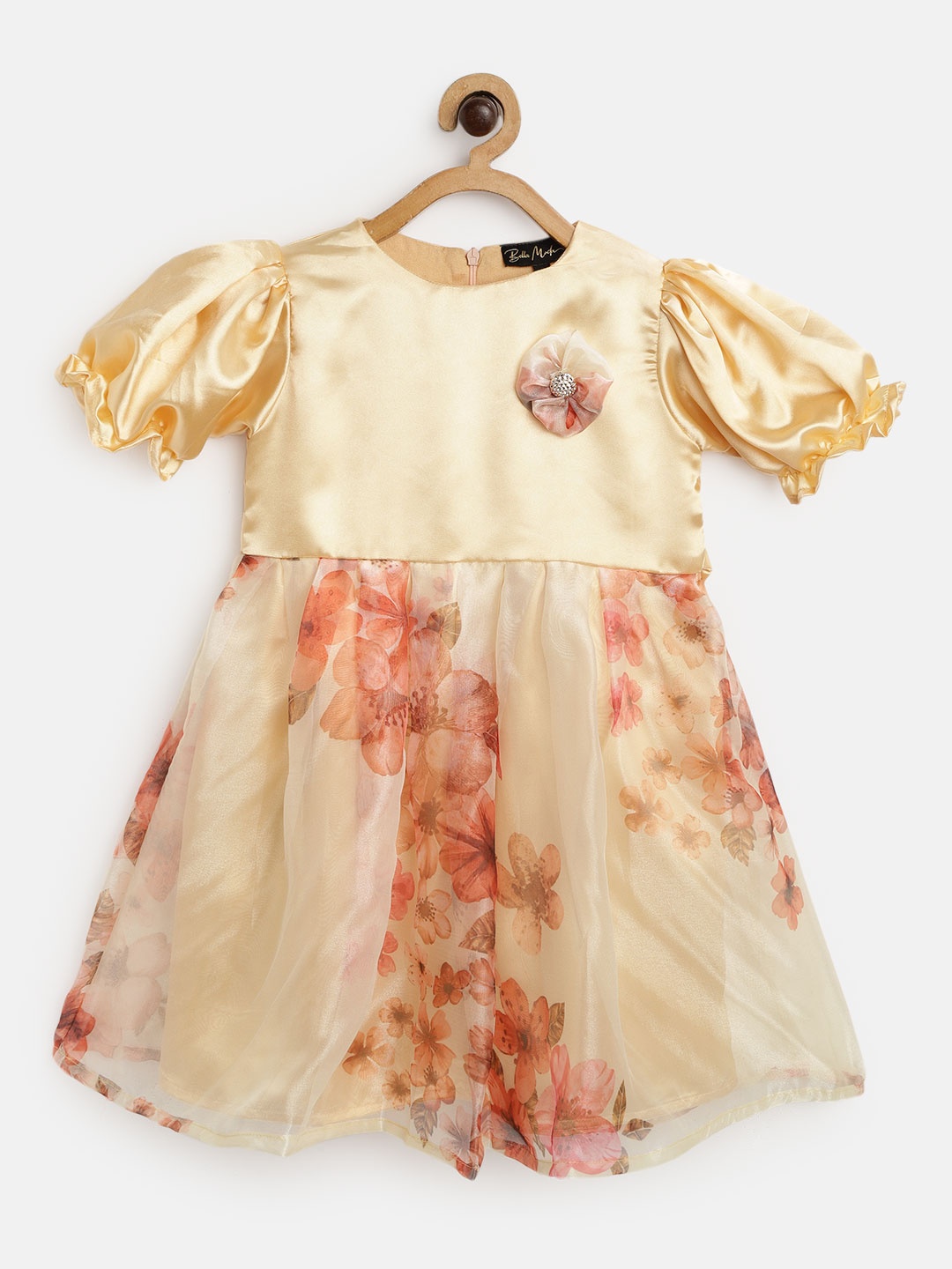

Bella Moda Cream-Coloured & Peach-Coloured Floral Print Puff Sleeves Dress