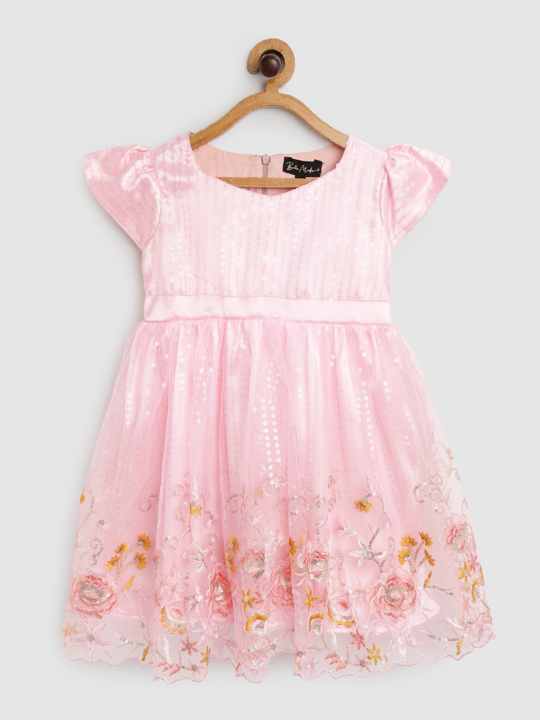 

Bella Moda Pink & Mustard Yellow Floral Embroidered Sequined A-Line Dress