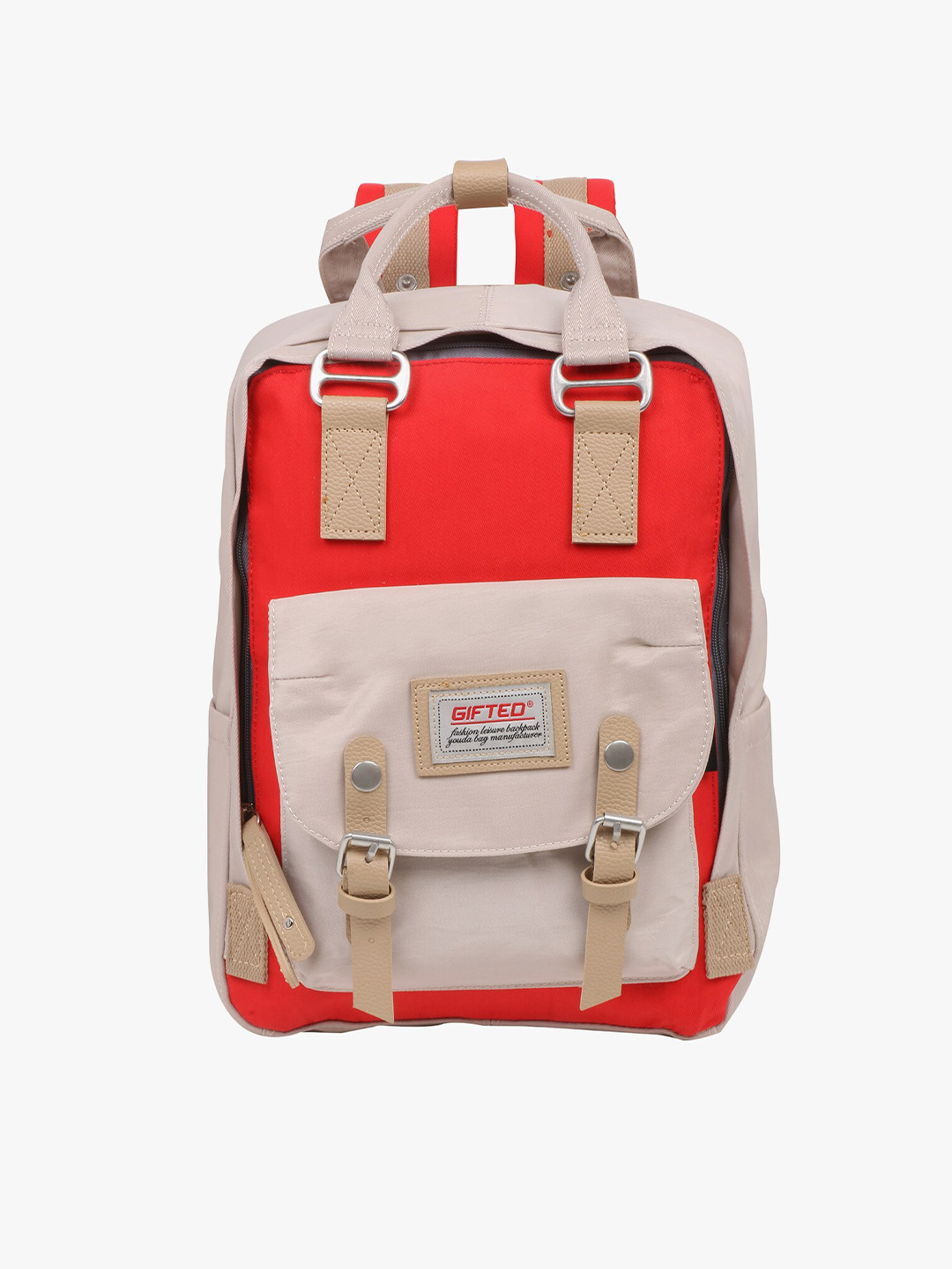 

POKORY Unisex Kids Red & Beige Colourblocked Backpack