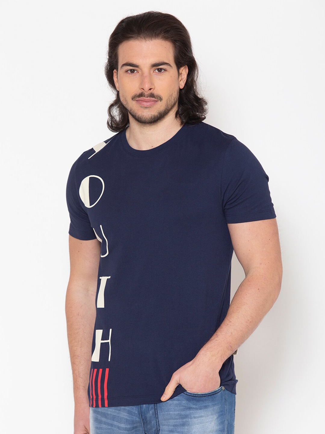 

FLAWLESS Men Navy Blue Typography Printed Cotton T-shirt