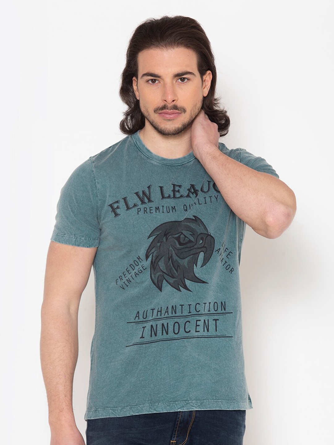 

FLAWLESS Men Teal & Black Printed Cotton T-shirt