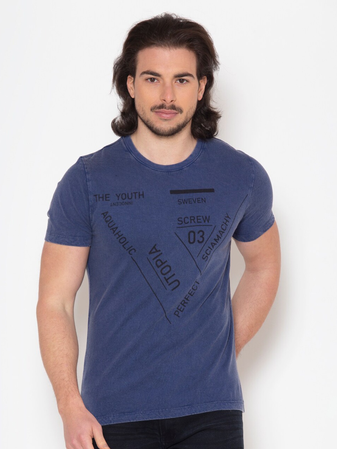 

FLAWLESS Men Navy Blue Typography Printed T-shirt