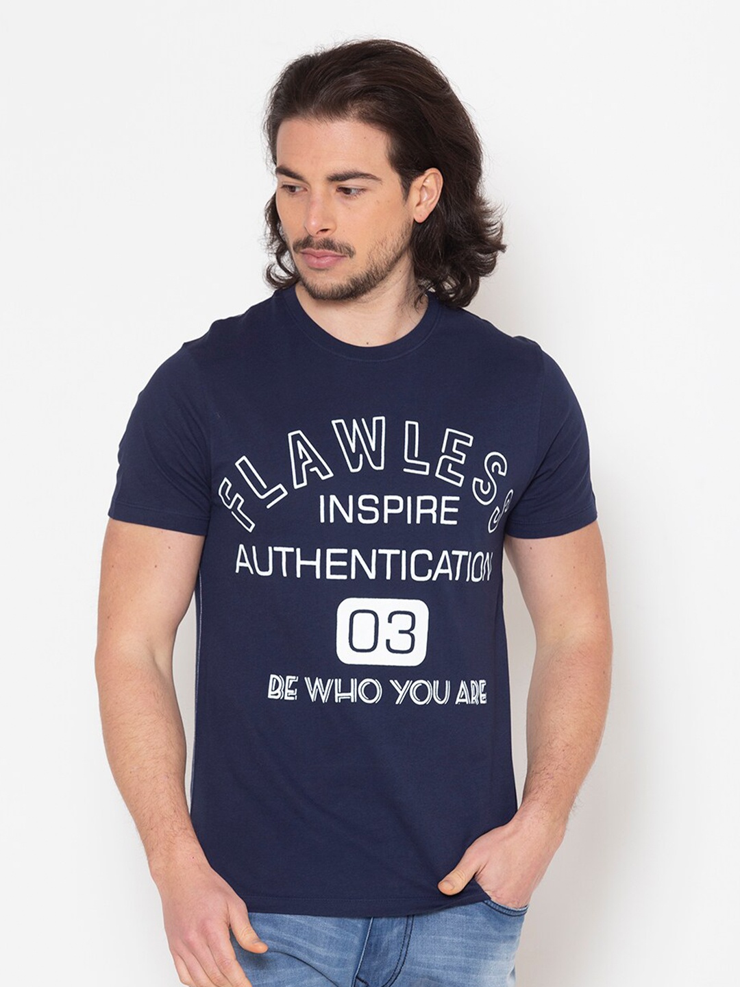 

FLAWLESS Men Navy Blue Typography Printed T-shirt