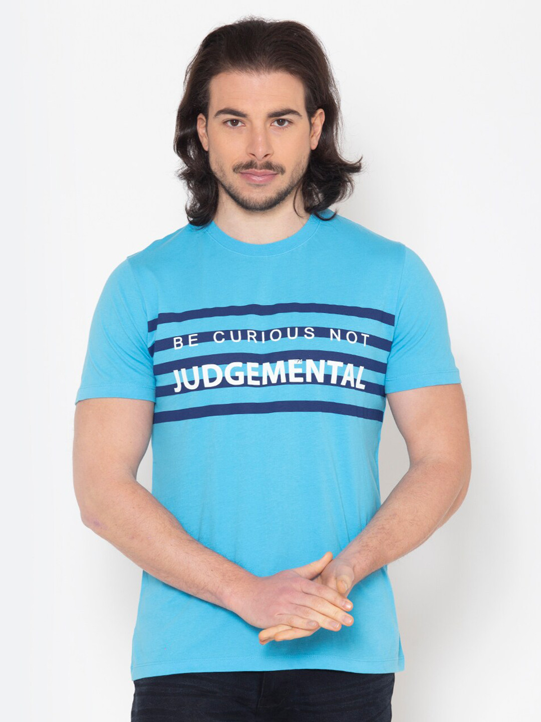 

FLAWLESS Men Turquoise Blue Typography Printed T-shirt