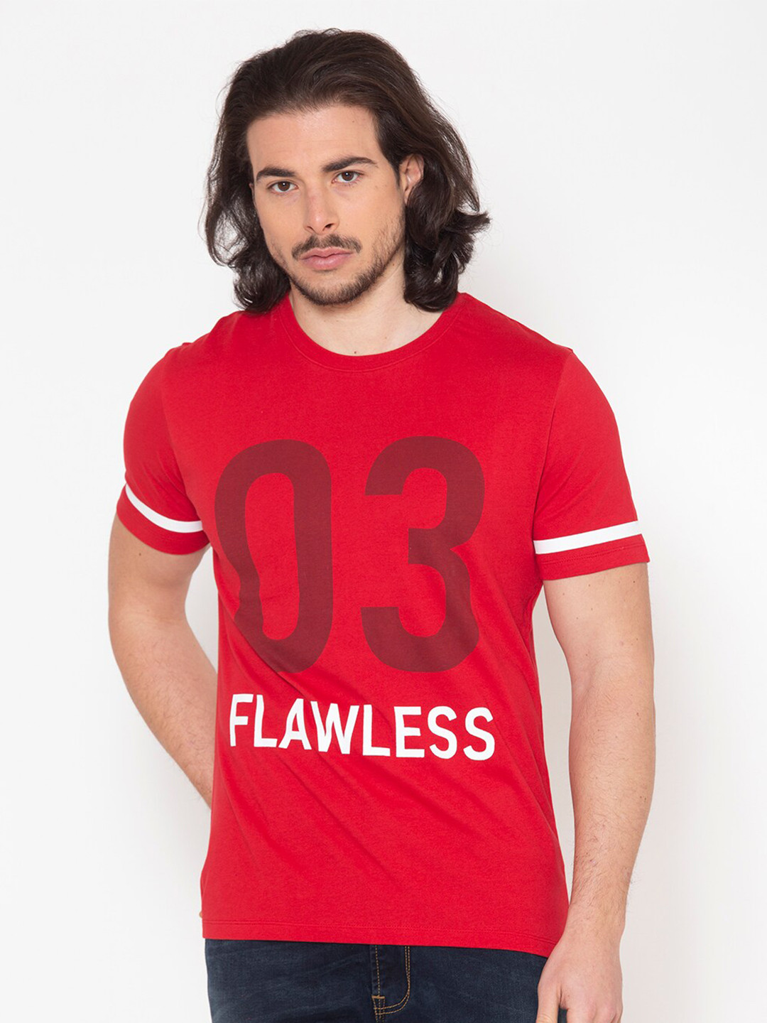 

FLAWLESS Men Red & White Printed Round Neck Cotton T-shirt