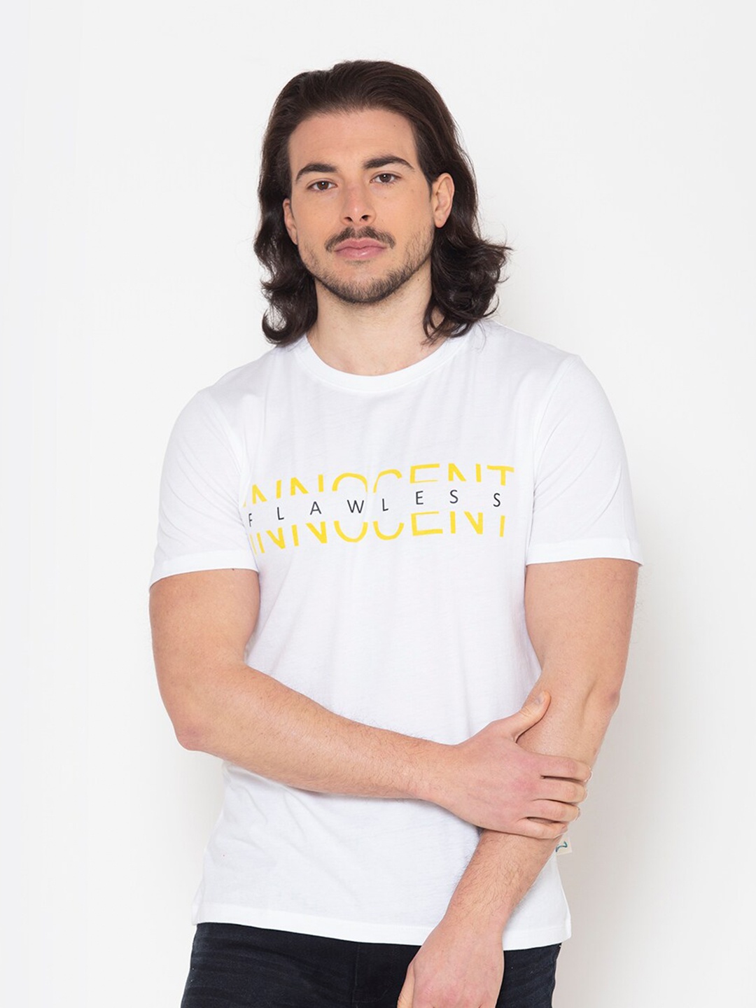 

FLAWLESS Men White & Yellow Typography Printed Cotton T-shirt