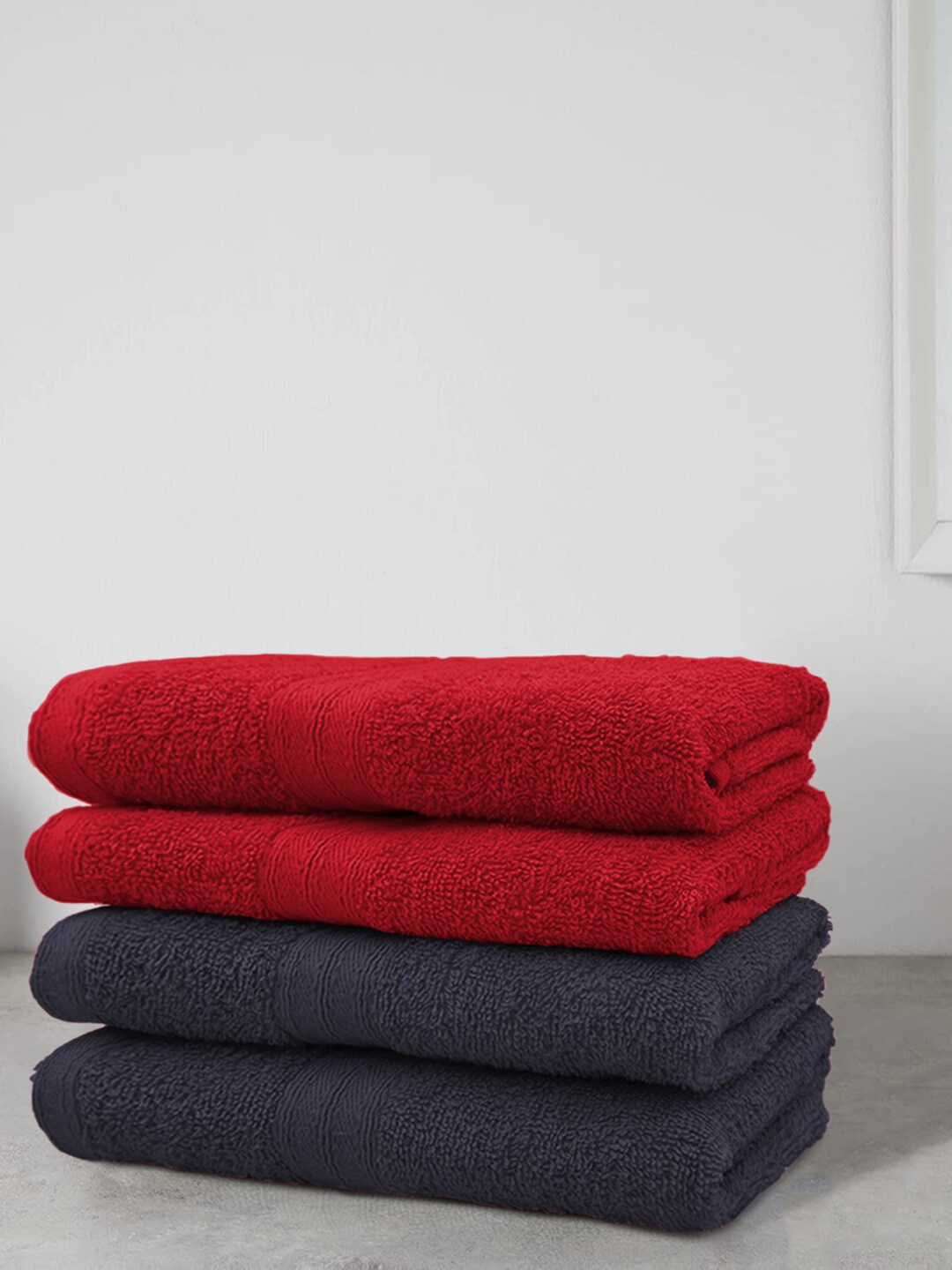 

Aura Set Of 4 Red & Navy Blue Solid Cotton 500 GSM Bath Towels