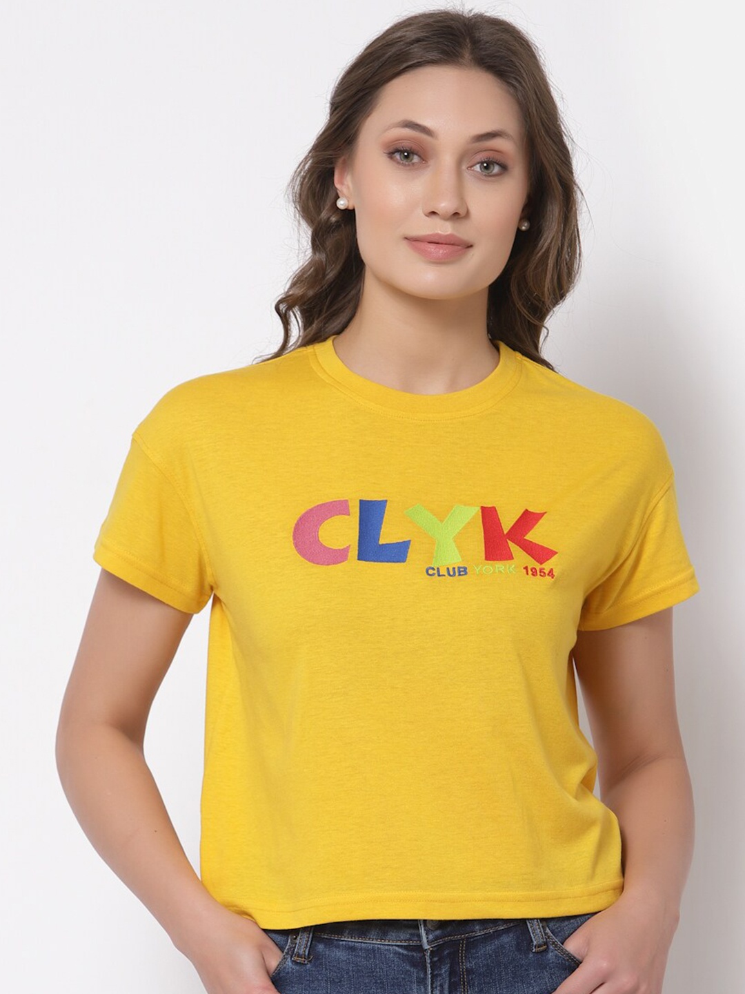 

Club York Women Yellow Typography Printed T-shirt