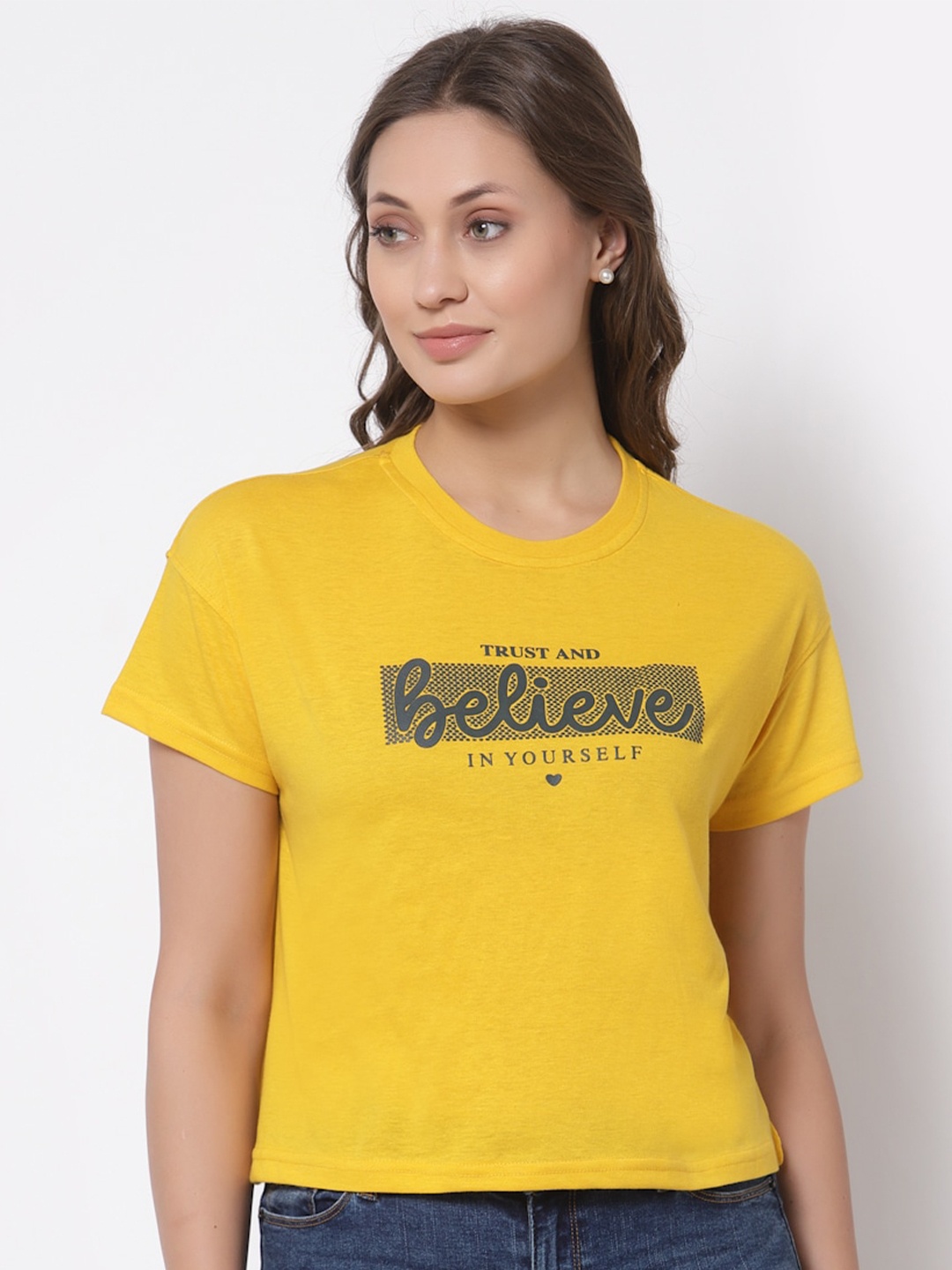 

Club York Women Yellow & Grey Printed Round Neck Cotton T-shirt