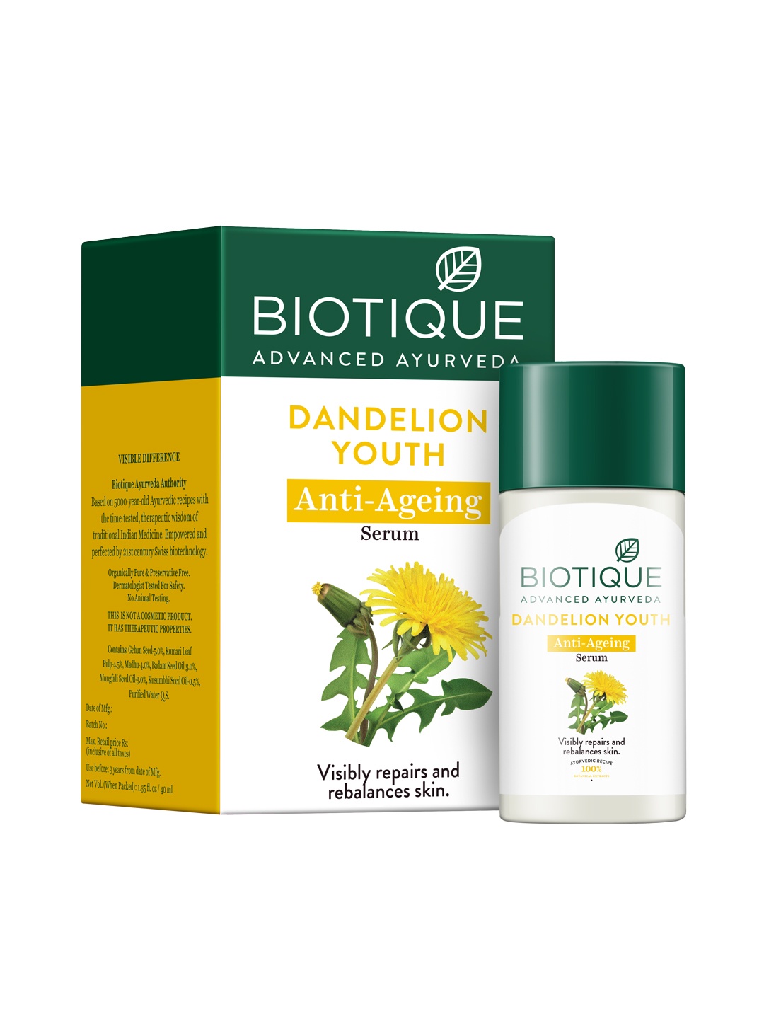 

Biotique Dandelion Youth Anti-Ageing Serum - Targeting Wrinkles & Dull, Dry Skin - 40ml, White