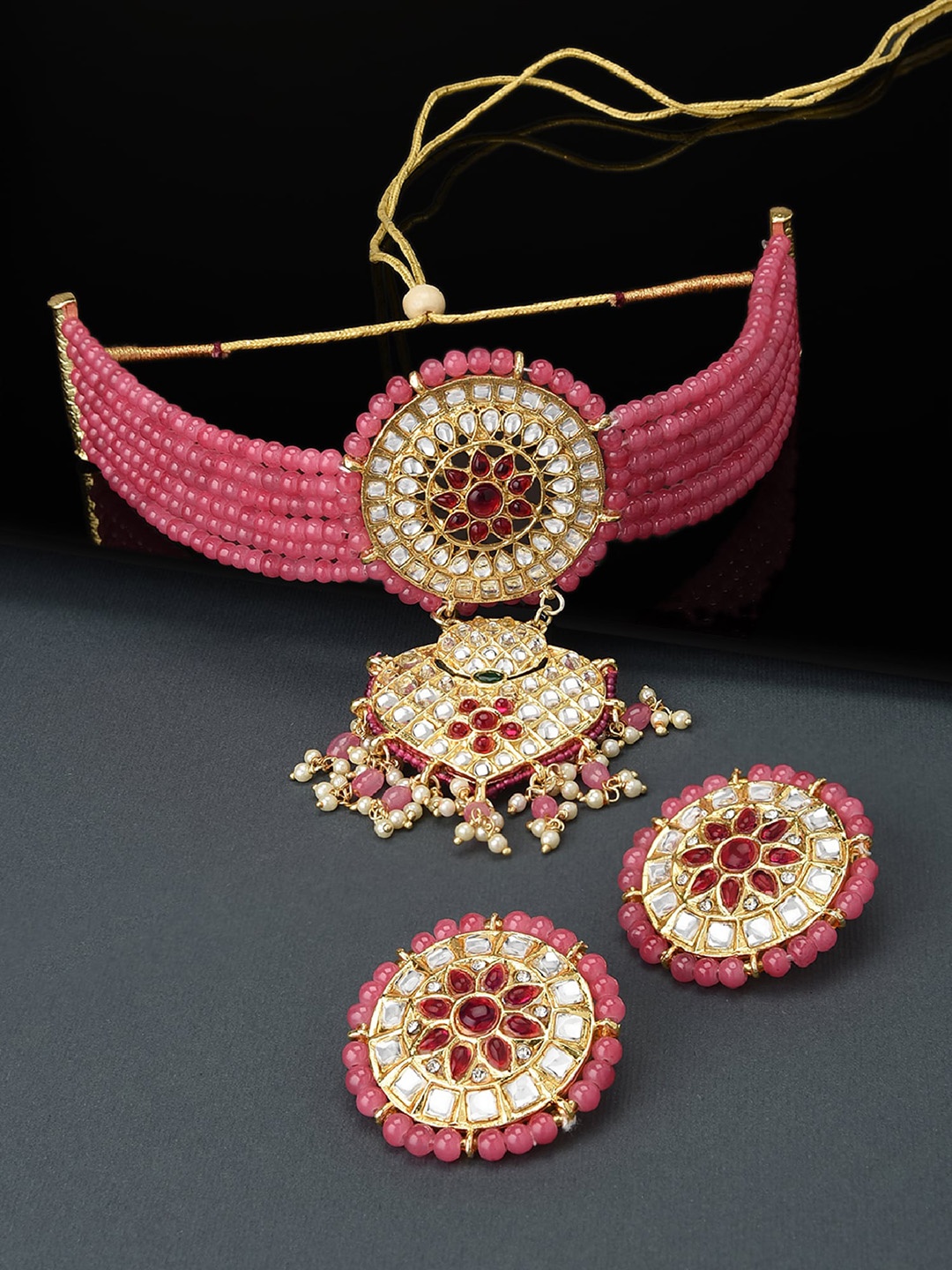 

Zaveri Pearls Gold-Plated Pink & White Kundan Studded & Beaded Multistrand Jewellery Set