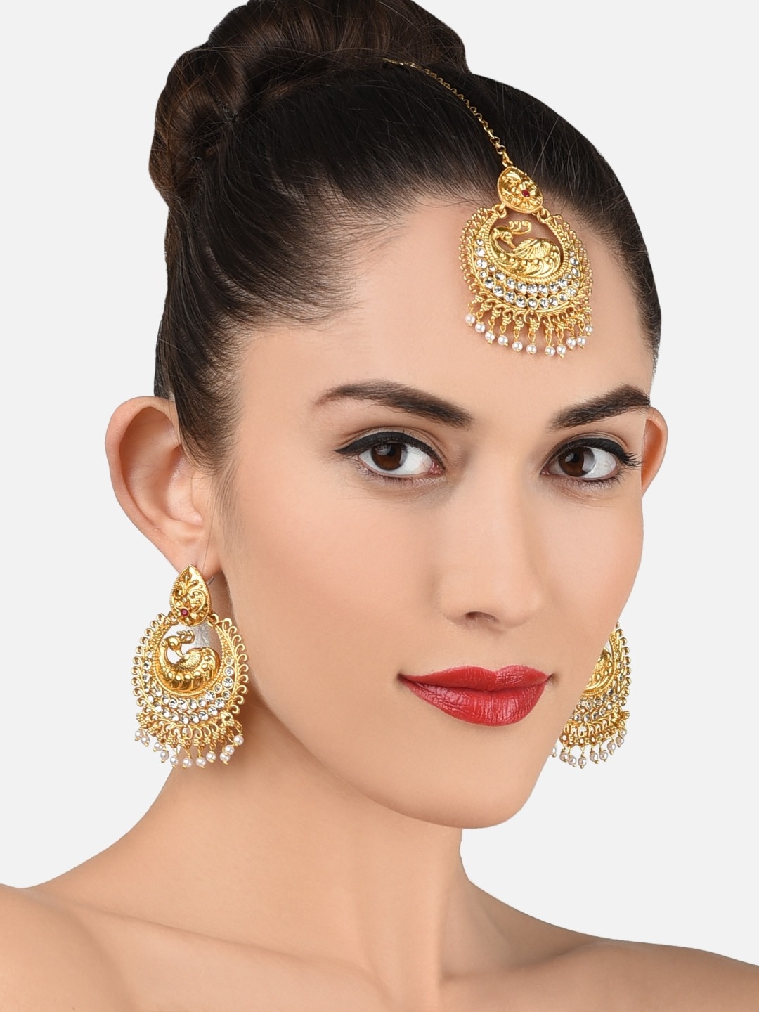

Zaveri Pearls Gold-Plated White Stone Studded & Beaded Peacock Design Jewellery Set