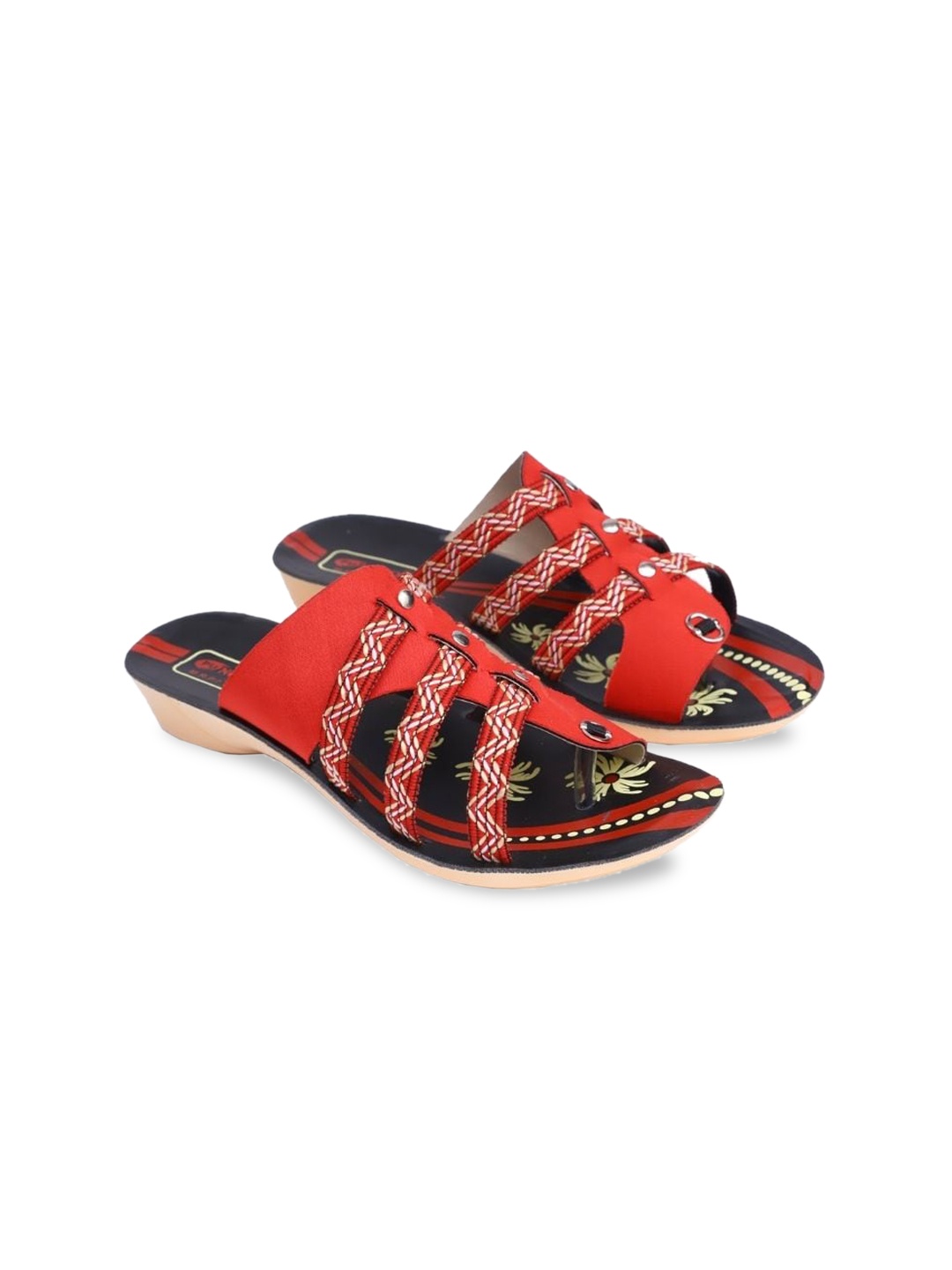 

PUNOVEX Women Red Printed Open Toe Flats with Bows