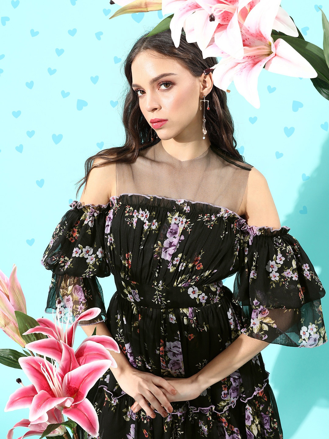 

QUIERO Women Stylish Black Floral Ruffled Dress
