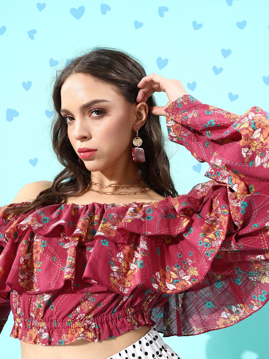 

QUIERO Women Attractive Maroon Floral Ruffled Top