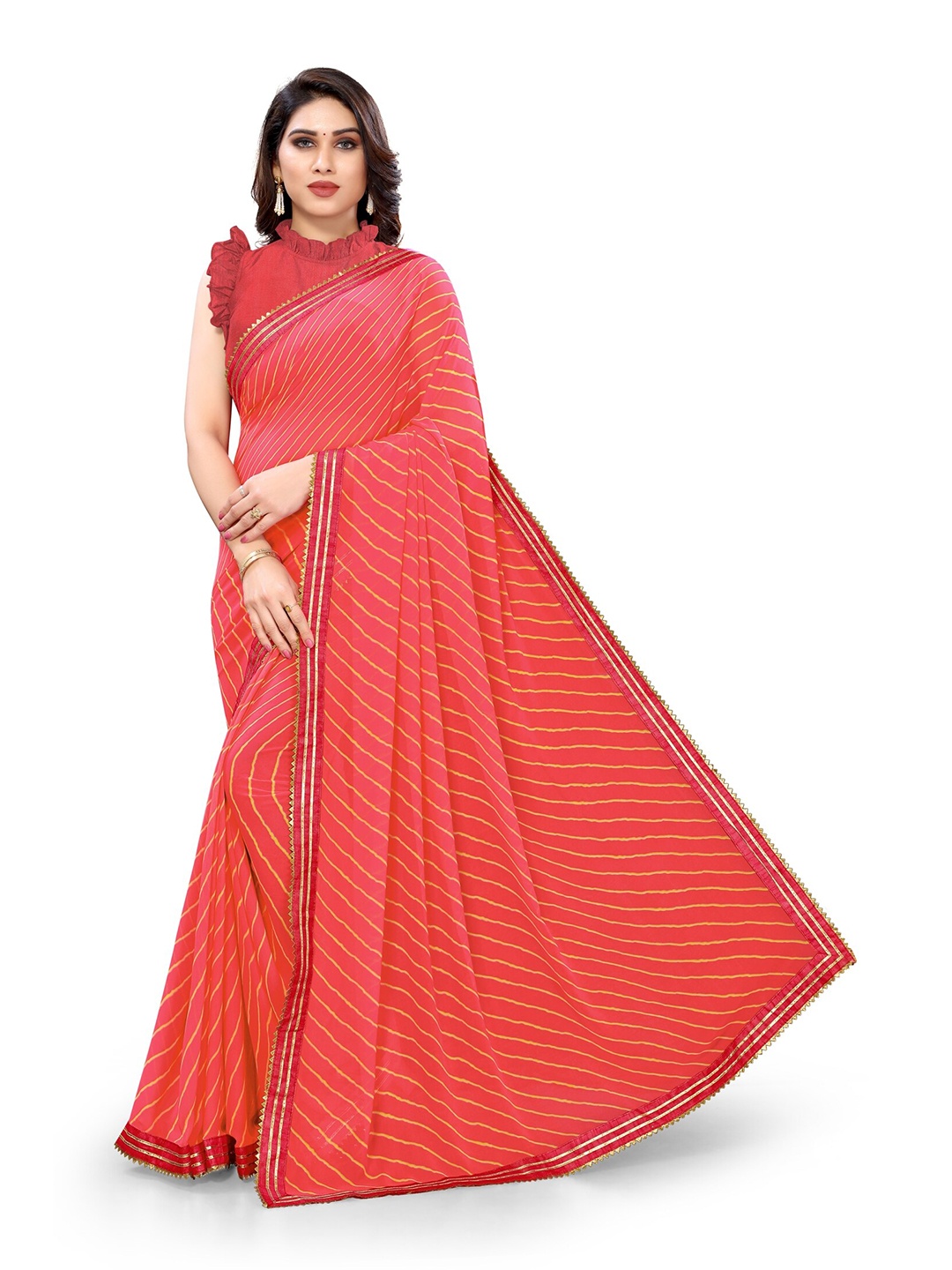 

KALINI Red & Yellow Leheriya Gotta Patti Leheriya Saree