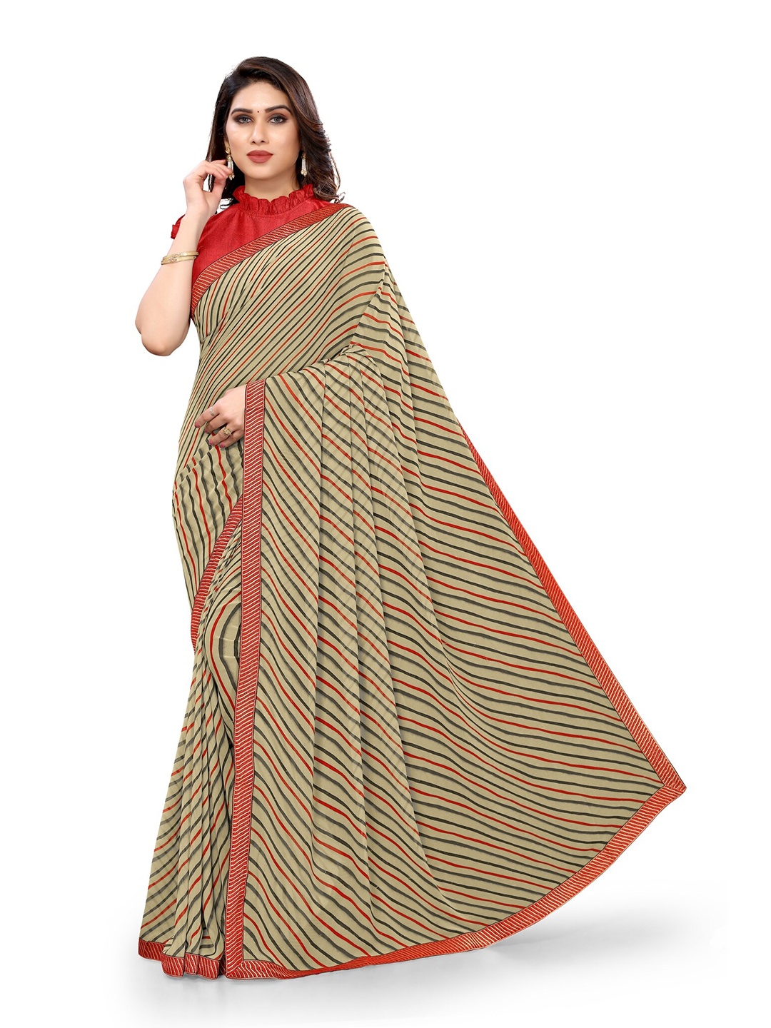 

KALINI Beige & Red Leheriya Saree