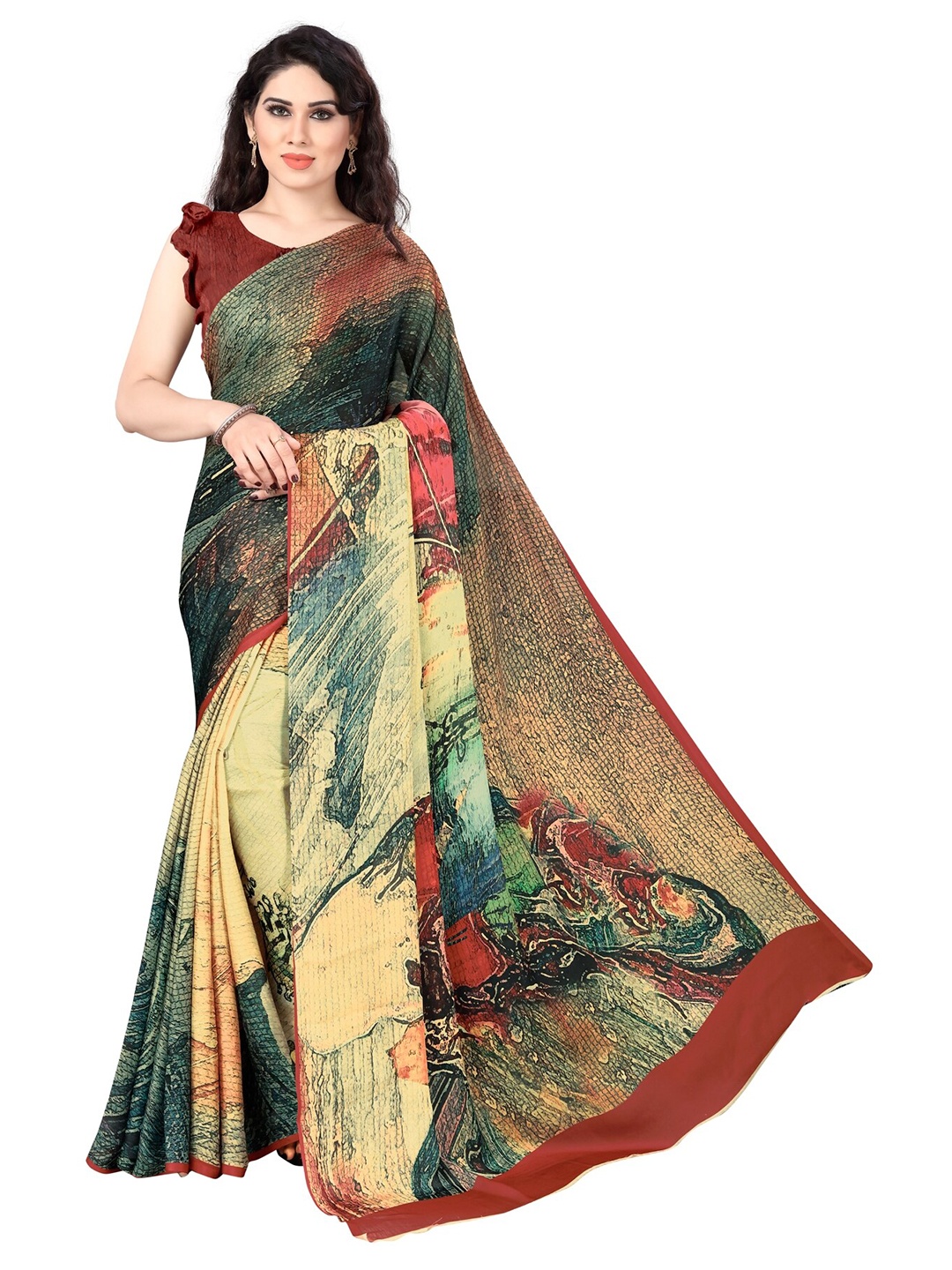 

KALINI Yellow & Red Satin Saree