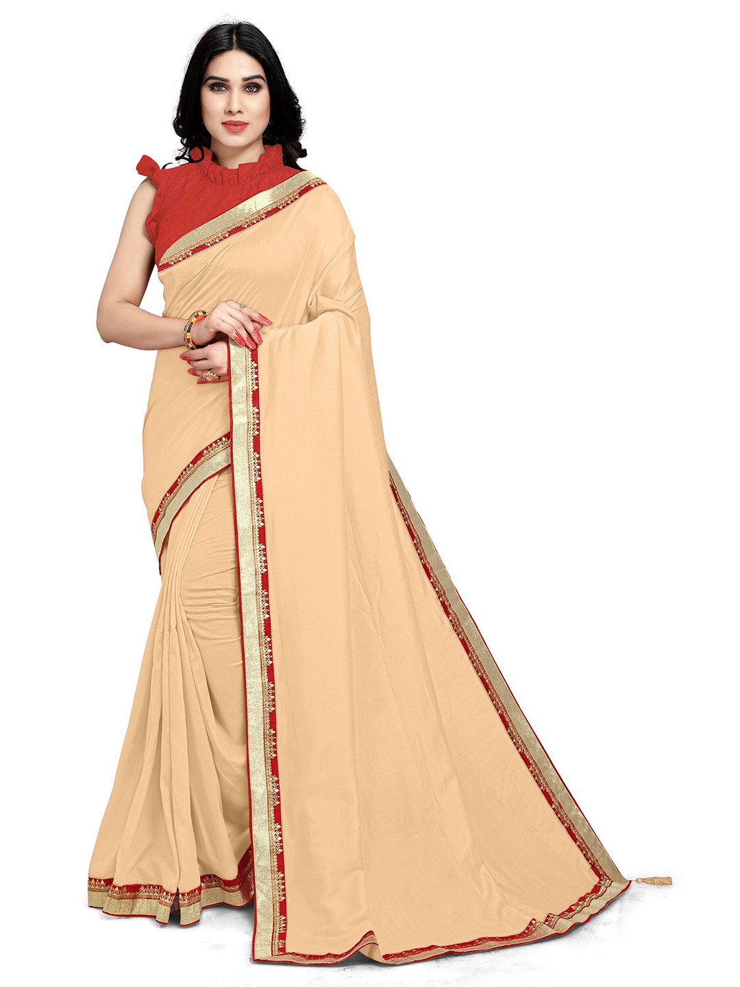 

KALINI Cream-Coloured & Red Silk Blend Saree