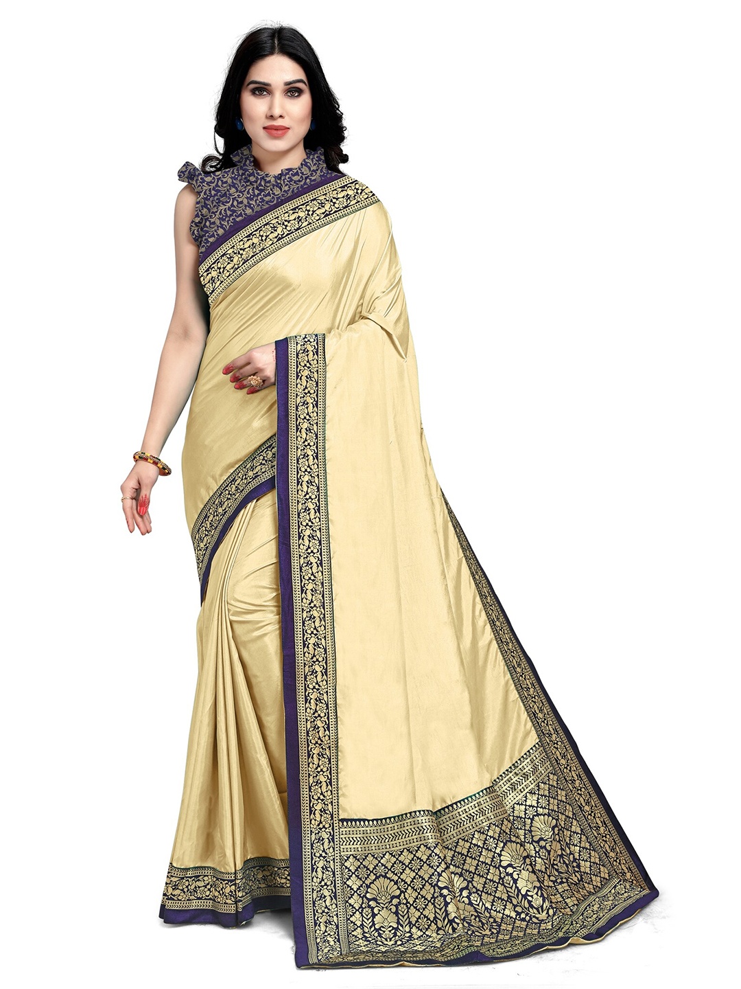 

KALINI Cream-Coloured & Navy Blue Silk Blend Saree