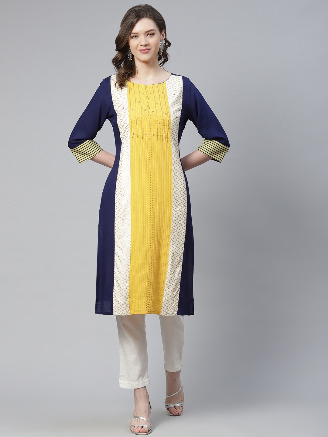 

INDYES Women Navy Blue & Yellow Embroidered Thread Work Quirky Kurta
