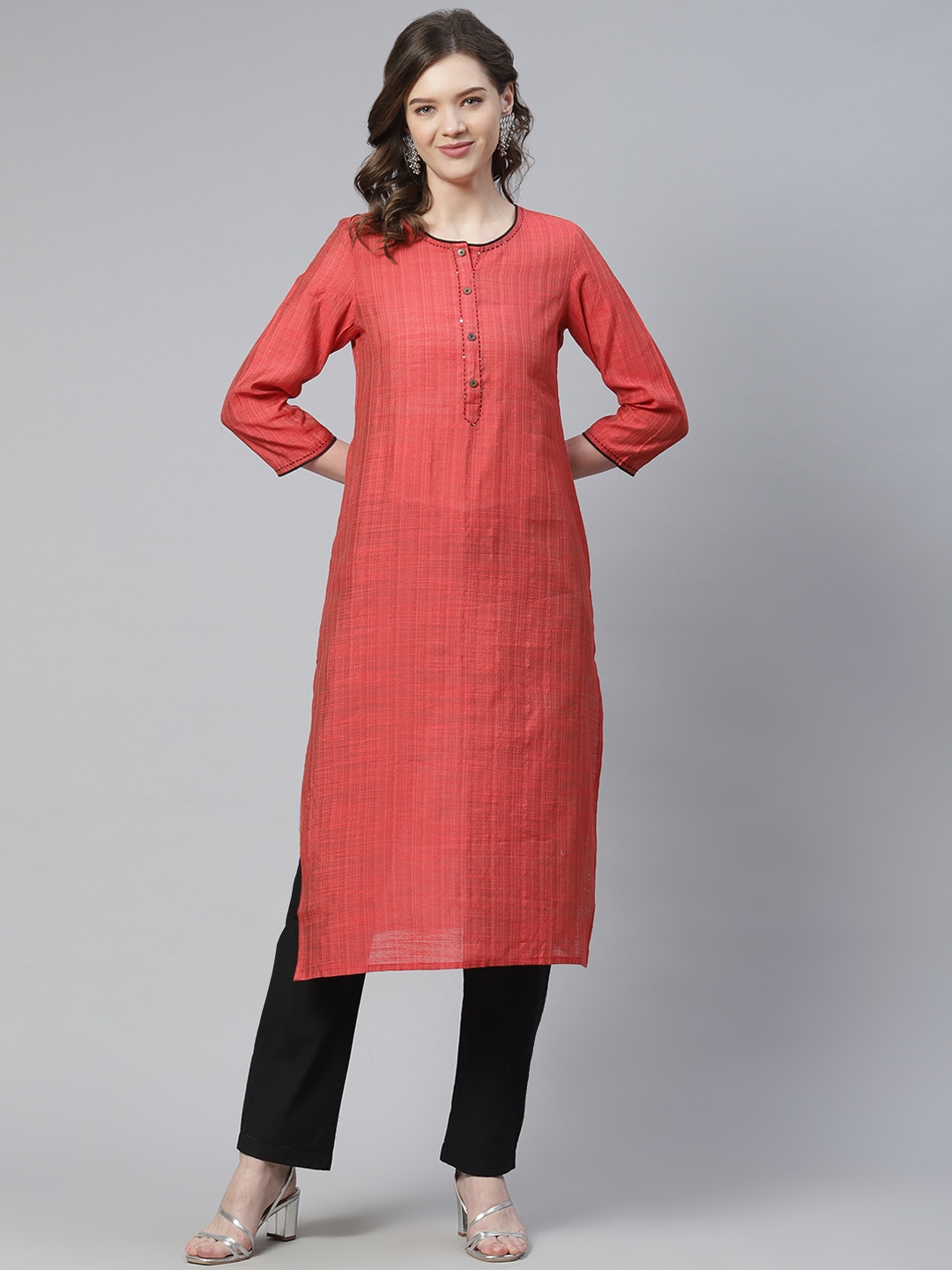 

INDYES Women Rust Thread Work Quirky Handloom Kurta