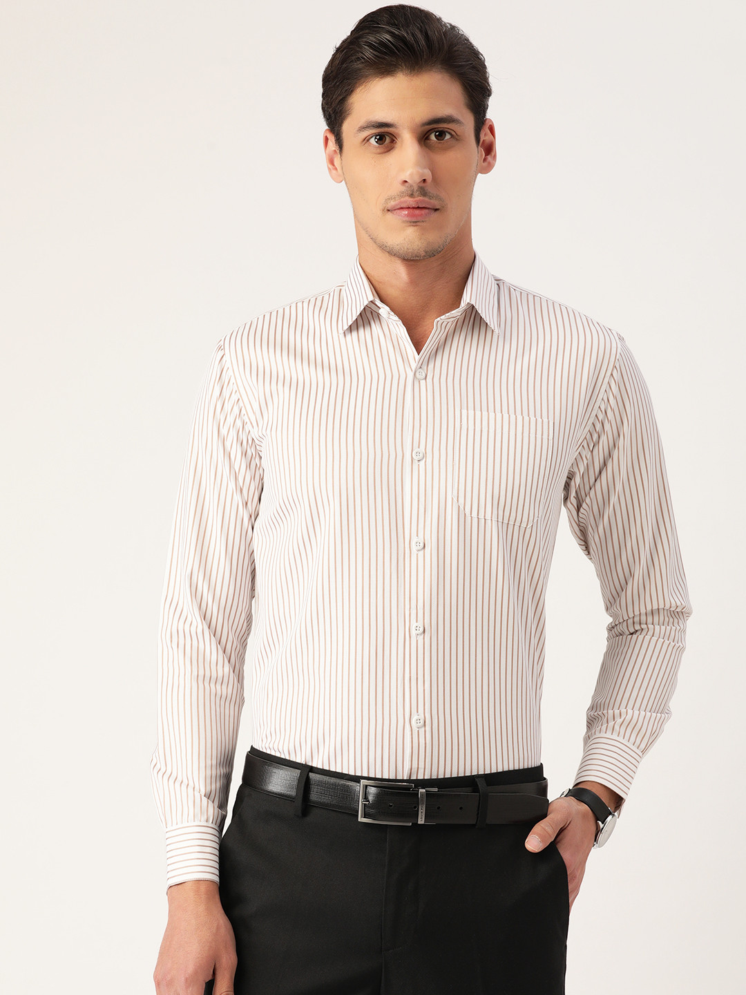 

JAINISH Men White & Beige Pure Cotton Smart Fit Striped Formal Shirt