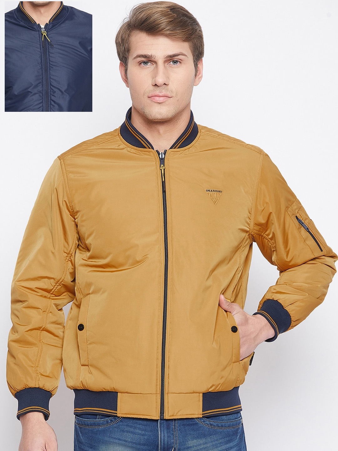 

Okane Men Mustard Yellow & Blue Reversible Bomber Jacket