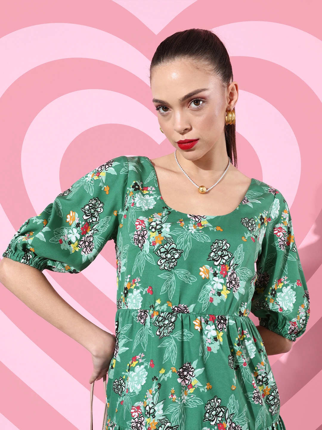 DODO & MOA Gorgeous Green Floral Puff Sleeves Dress