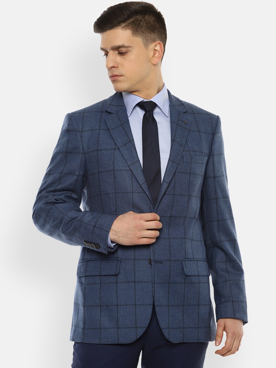 

Louis Philippe Men Navy Blue & Black Checked Woolen Single-Breasted Formal Blazer