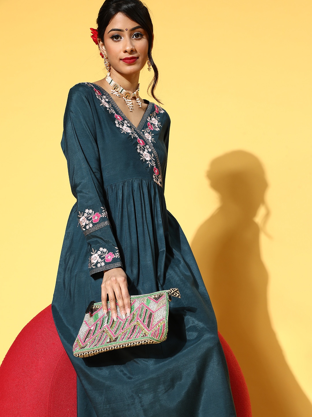 

Jaipur Kurti Ethnic Motifs Silk Blend Angrakha Kurta Set, Teal