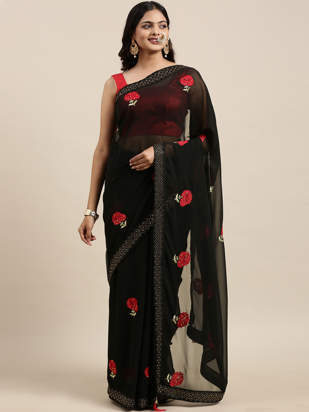

Mitera Black & Red Embellished Beads and Stones Pure Georgette Saree